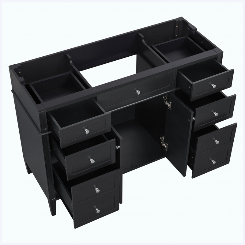 Base de meuble-lavabo autoportant 48 po 48 po, 6 tiroirs et 2 portes avec charnières à fermeture douce, poignées en métal argenté, noir, panneau de fibres à densité moyenne
