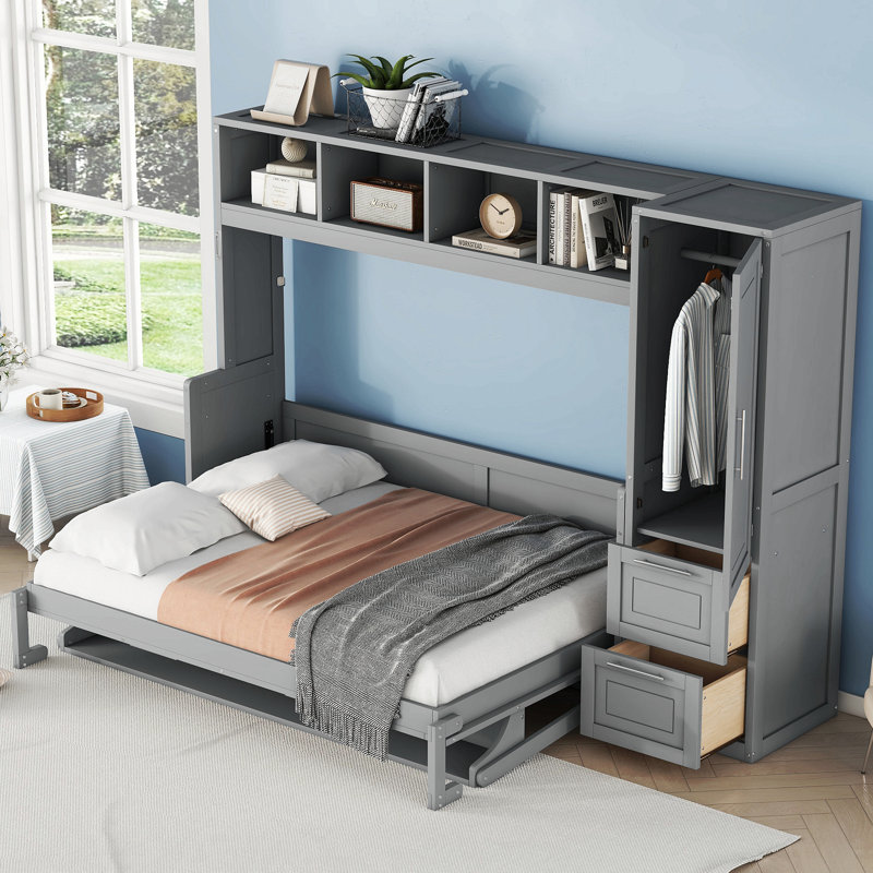 Lit escamotable double pleine grandeur avec placard et tiroirs, gris