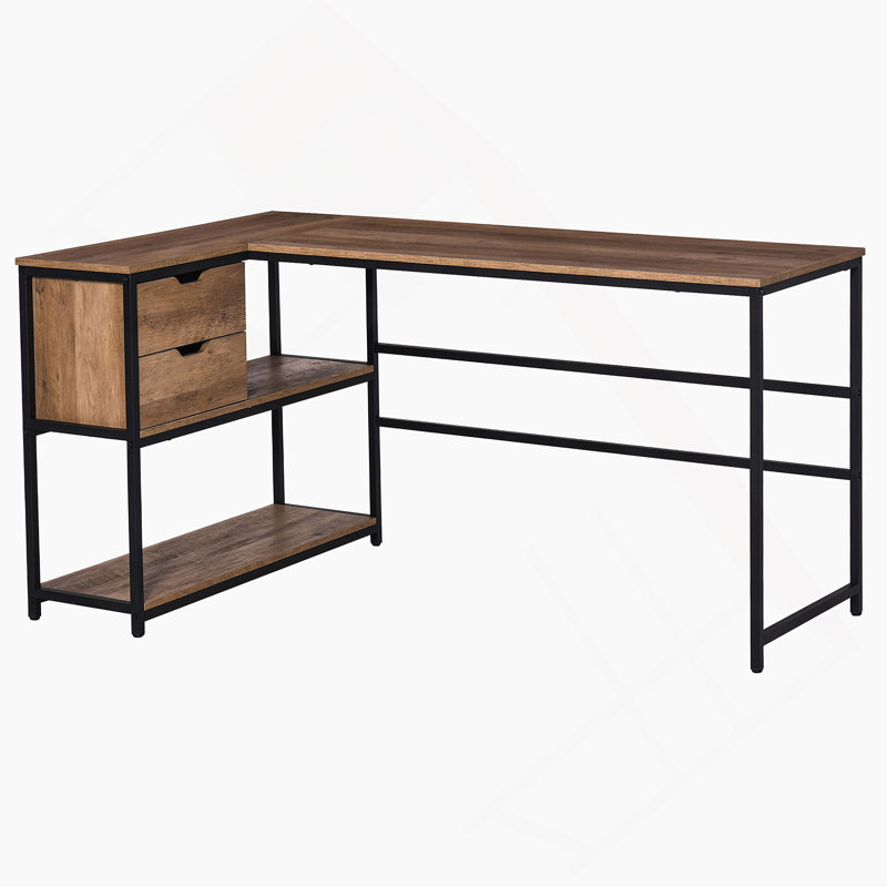 Bureau d'ordinateur en L avec tablettes de rangement, 2 Dawers et structure en acier industriel