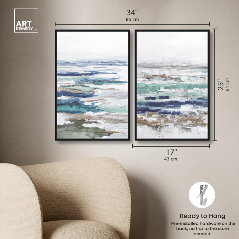 «Coral Coastal Blue Art», ensemble de 2 impressions sur toile par , Noir, H 25 po x l 17 po