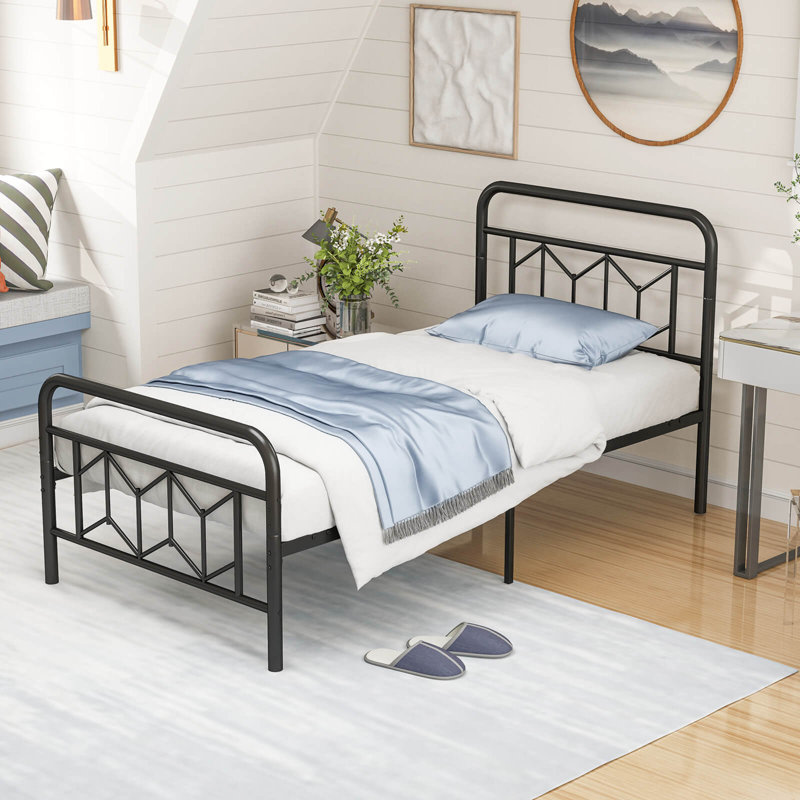 Full Size Bed Frame Mattress Foundation With Headboard 12.5" Under-bed Storage Black, Twin