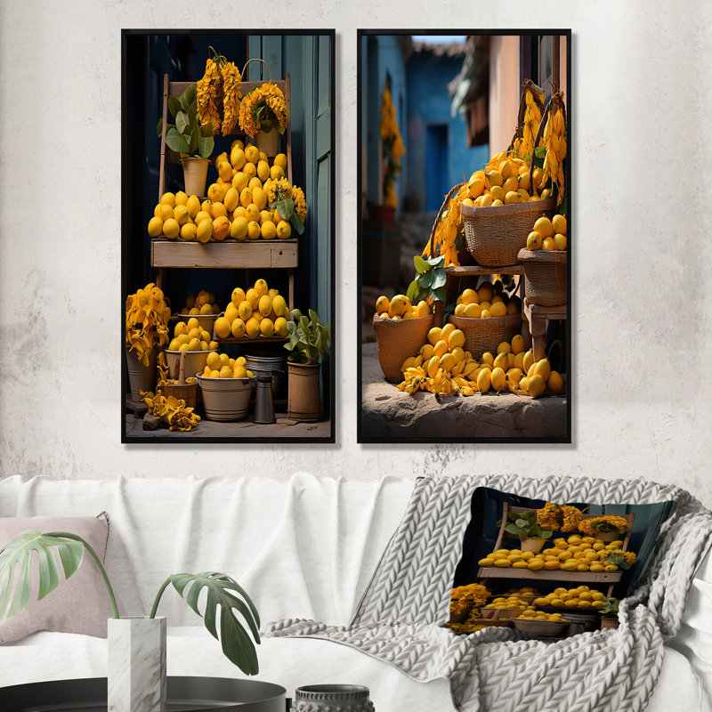 «Cuba Citrus Harmony», ensemble d'art mural sur toile 2 fruits, Cadre noir, H 32 po x l 33 po