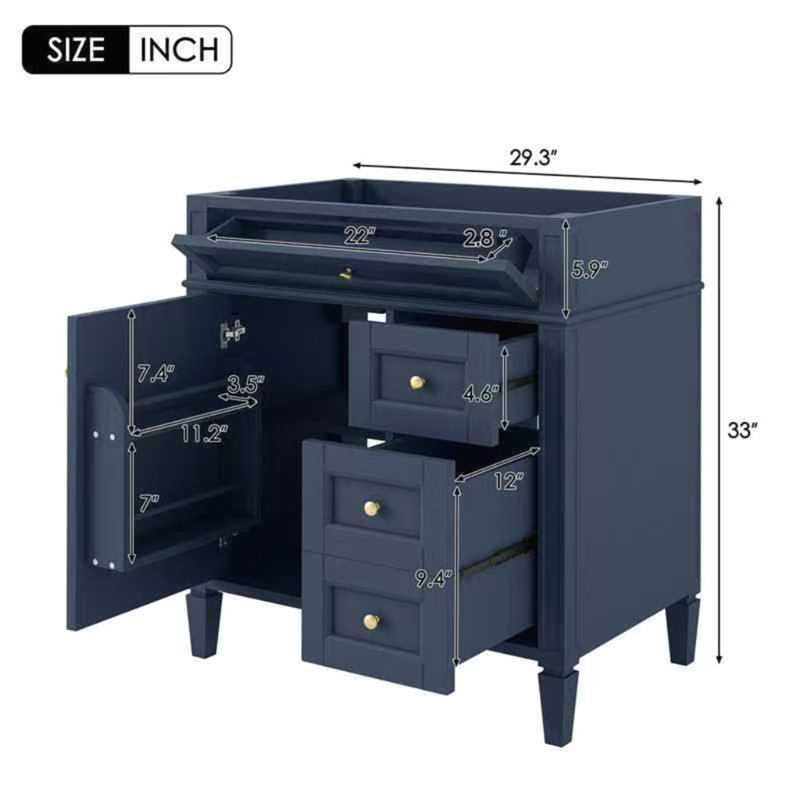 Meuble-lavabo de 30 po sans lavabo supérieur, Bleu