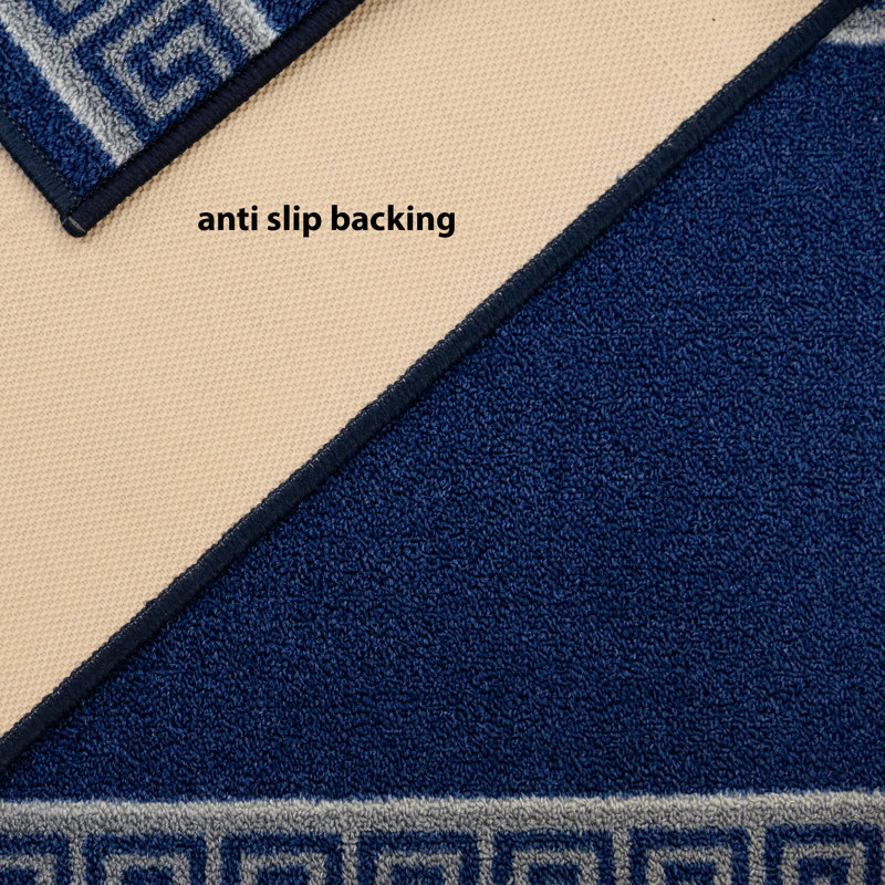 Custom Size Anti Slip Low Profile Loop Pile Meander Greek Key Navy Design Runner Rug Carpet, Runner 1'10" x 40'