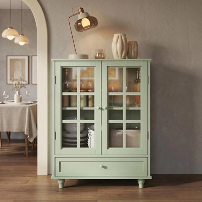 Minimalist Buffet Cabinet With Double Glass Doors And 1 Drawer, Modern Wooden Storage Sideboard Cupboard For Living Room, Dining Room, Hallway