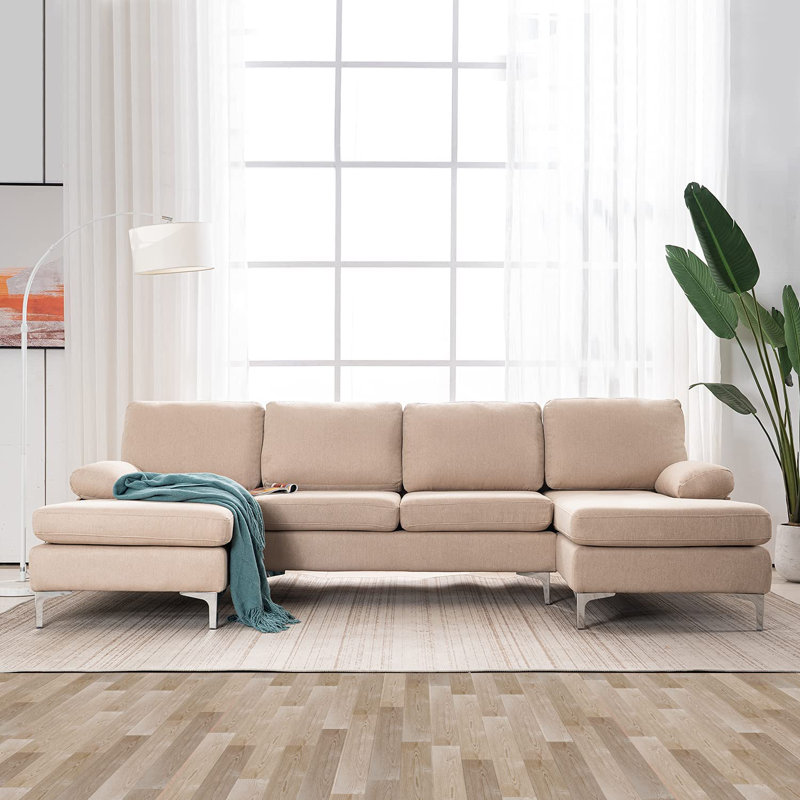 Bahrije Upholstered U-Shaped Sectional Symmetrical, Beige Linen Blend