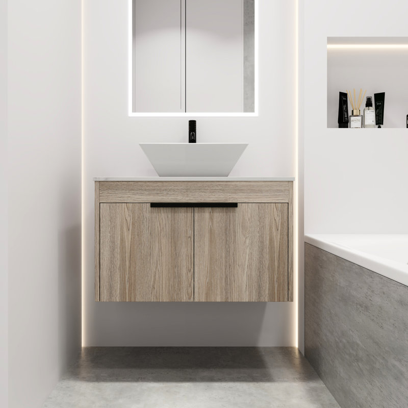 Meuble-lavabo mural de salle de bain - avec lavabo en céramique, porte à fermeture en douceur, grande capacité, fixation moderne, porte à fermeture silencieuse