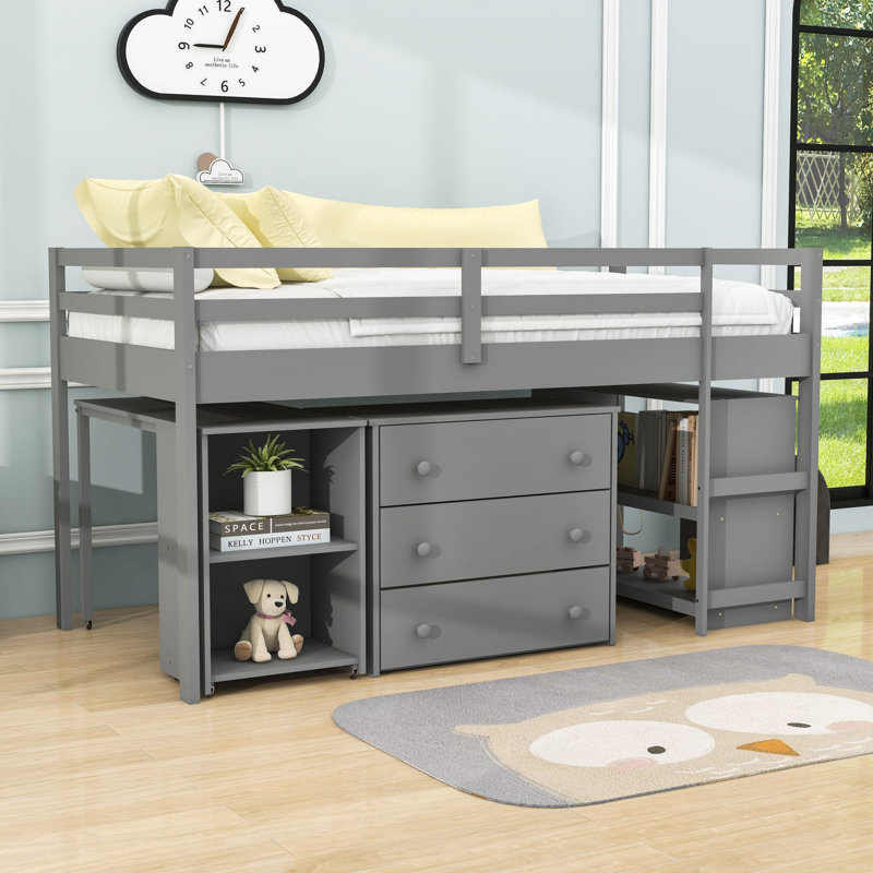 Elieser Kids Twin Loft Bed with Drawers, Gray