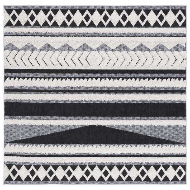 Tapis intérieur / extérieur ivoire / noir Aarent Southwestern, Carré 6 pi 7 po