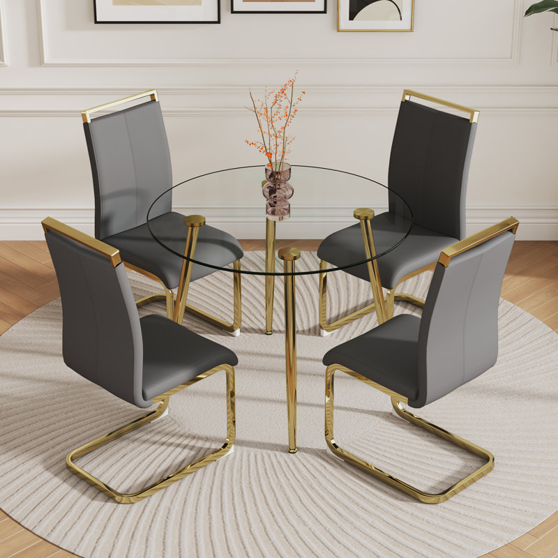 Ahanu Modern Minimalist Round Glass Top Dining Table Set with Metal Legs（Set of 5）, Dark Gray, Gold