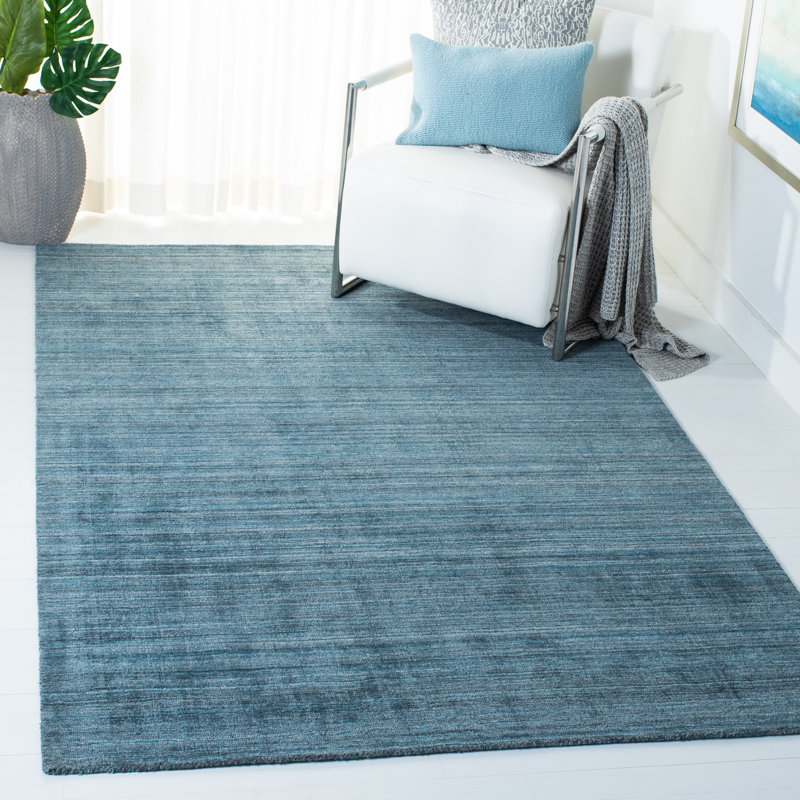 Tapis bleu sarcelle / bleu en laine tissé à la main Abbie-Jo, Rectangle 9 pi x 12 pi