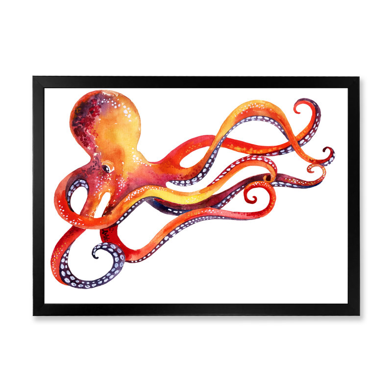 Pieuvre orange - œuvre d'art traditionnelle sur toile, Cadre photo noir, H 20 po x l 12 po x P 1 po