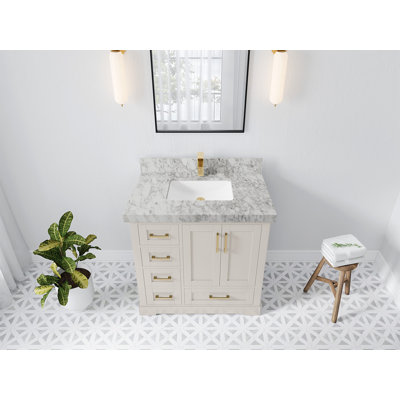 Boston 36 In. W X 22 In. D Center Sink Bathroom Vanity In Fine Grain With 2 In. Quartz
