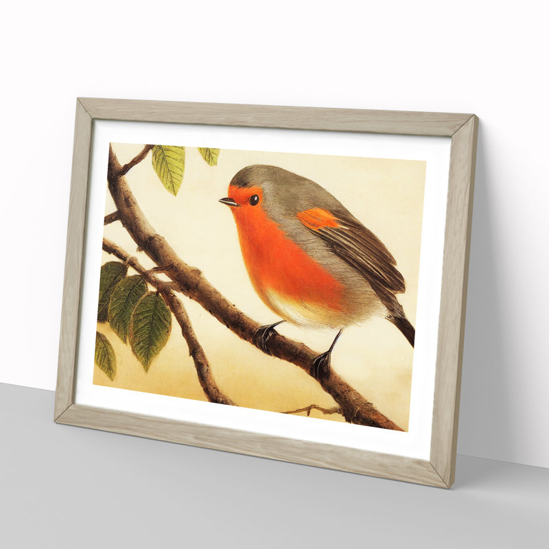 Contemporary Robin Bird - Framed Print, 46cm H x 64cm W x 2cm D, Oak