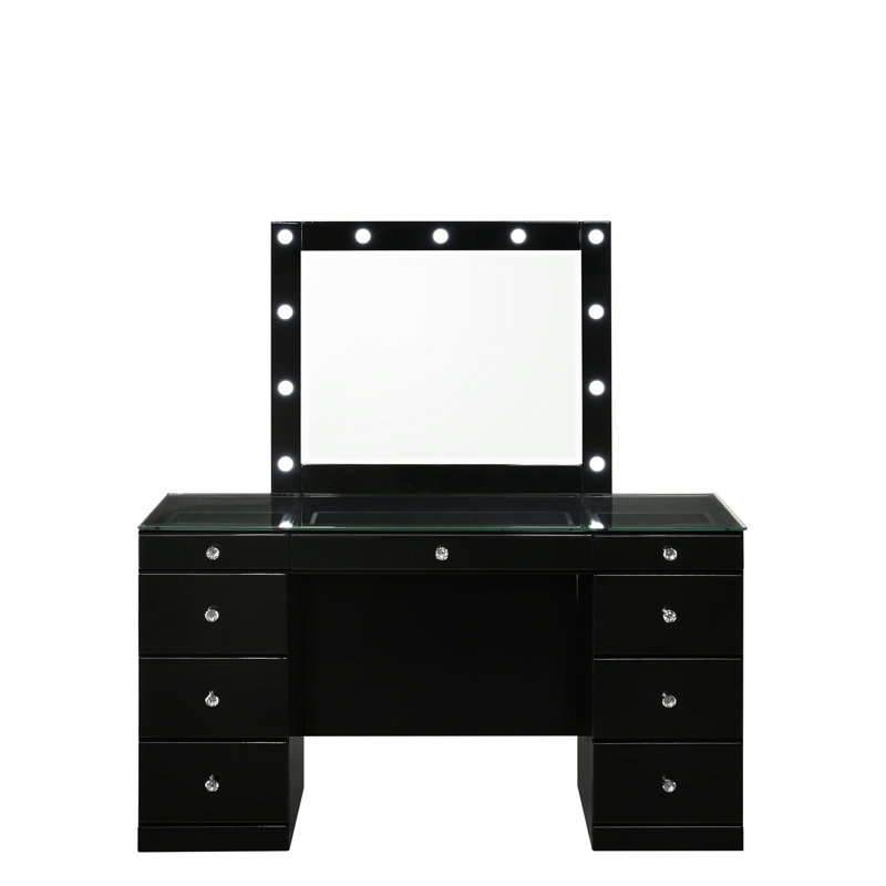 Meuble-lavabo de style noir 3 pièces avec miroir à DEL, 9 tiroirs, cristal, tabouret rond, plateau en verre trempé de 8 mm pour la chambre à coucher, bois, pivotant éclairé