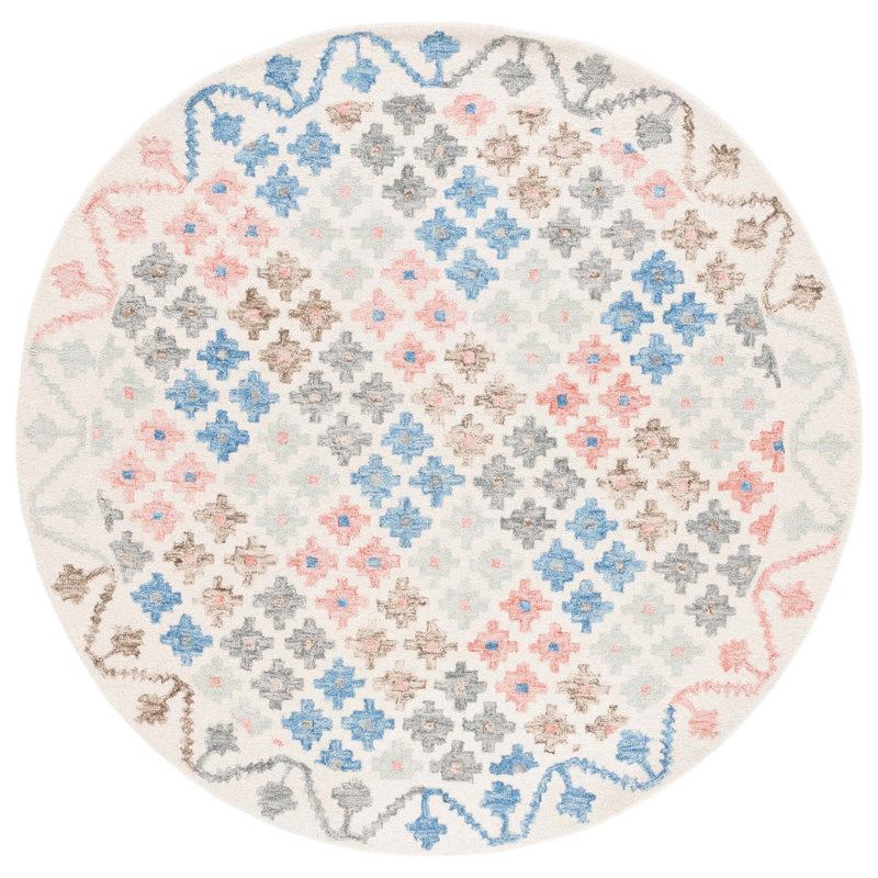 Lukats Hand Tufted Wool/Cotton/Latex Geometric Rug in Blue/Red, Round 6'