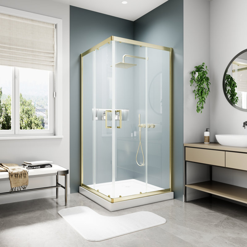 36" W x 36" D x 71" H Framed Double Sliding Corner Shower Door Square Shower Enclosure with 1/4" Clear Tempered Glass, Gold