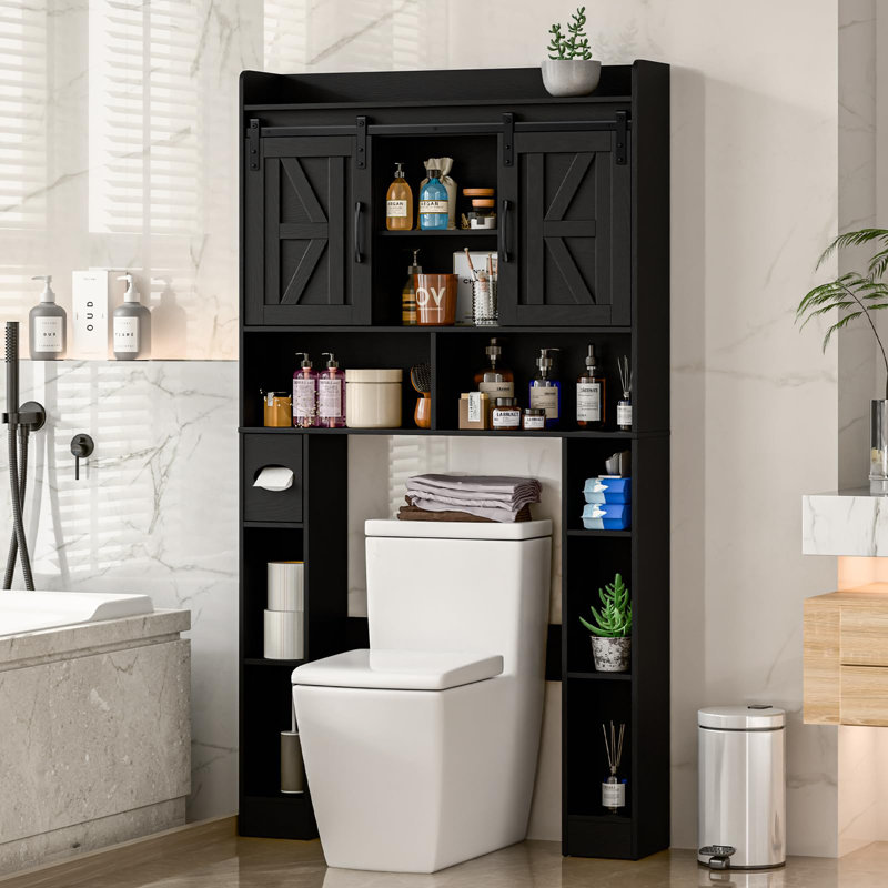 Armoire de rangement Farmhouse au-dessus d'une toilette avec portes coulissantes, Chêne