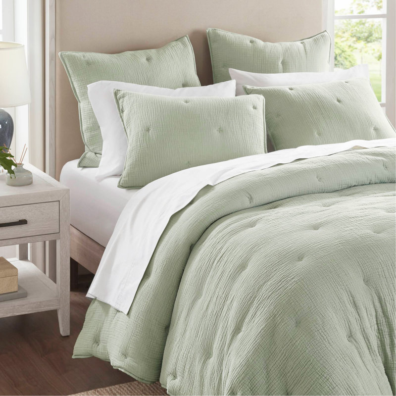 Ensemble de courtepointe brodée en gaze de coton 3 pièces, sauge, Vert, Courtepointe très grand + 2 taies d'oreiller