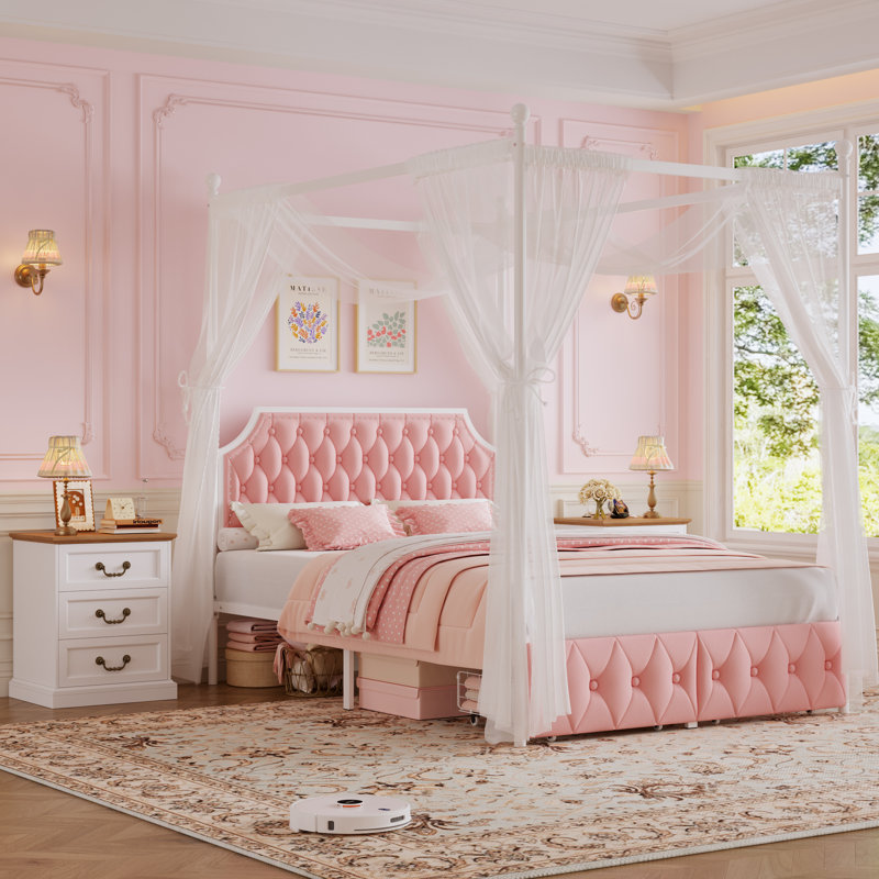 Ensemble de chambre à coucher 3 pièces, lit à baldaquin en métal avec tiroirs de rangement, Pink, Full / Double
