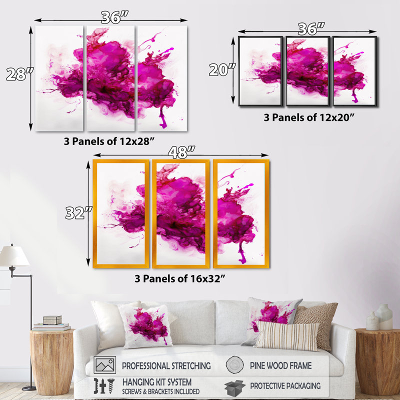 «Viva Magenta Secret Wispers III», reproduction sur toile 3 pièces, Toile avec cadre blanc, H 32 po x l 48 po x P 1 po