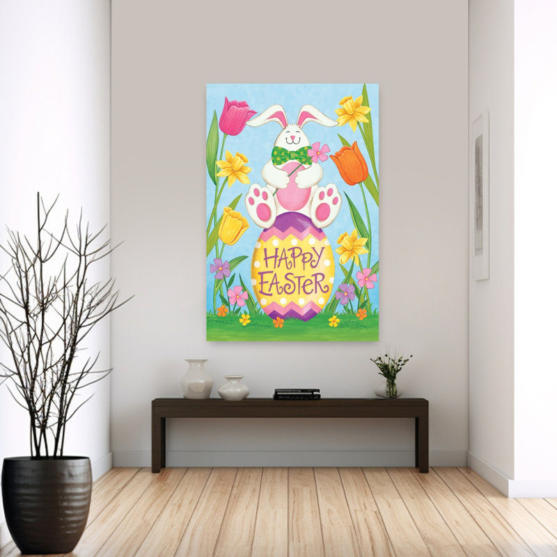 Joyeuses Pâques, lapin fantaisiste, jonquille et tulipe, H 60 po x l 40 po