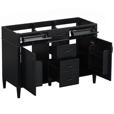 Armoire de salle de bain 48 po, base de meuble-lavabo autoportant en MDF avec 6 tiroirs et 2 portes, armoire de rangement noire avec tablettes réglables, poignées en métal noir, armoire seulement