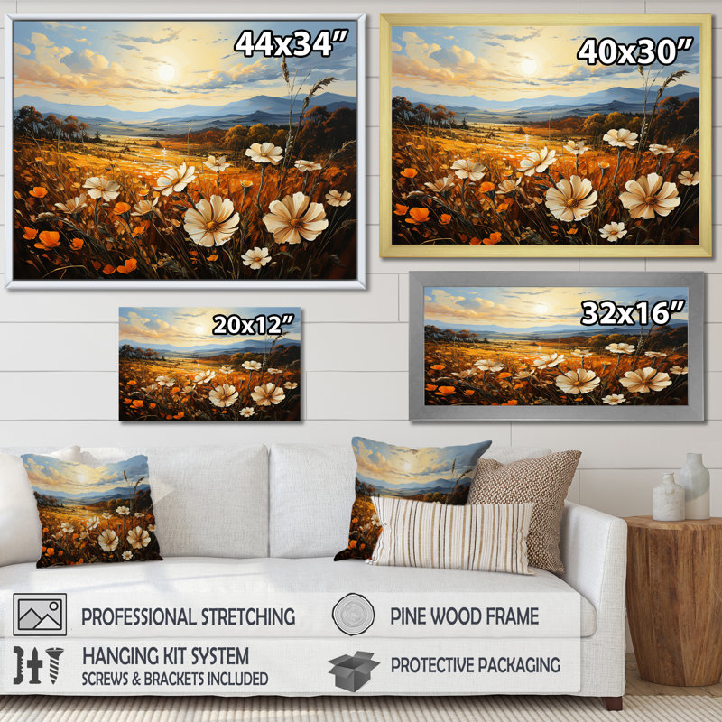 Golden Meadows Of Flowers Fields IV sur toile, Cadre simple blanc, H 30 po x l 40 po x P 1,5 po