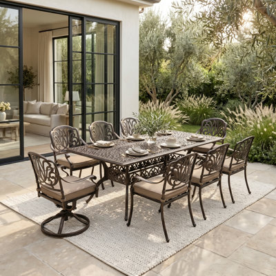9-Piece Cast Aluminum Outdoor Dining Set, Vintage Patio Furniture for 8 Includes 87" Rectangular Dining Table, 6 Stackable Chairs & 2 Swivel Chairs with Cushions & Umbrella Hole