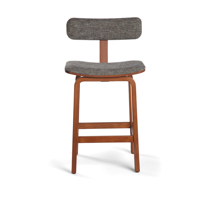 Tee Upholstered Stool with Solid Wood Frame, Gray/Light Walnut Frame