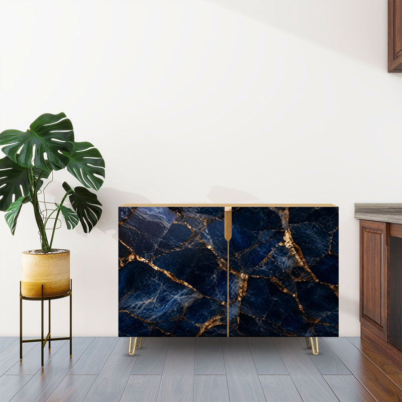 Buffet Buffet avec rangement Luxueux marbre bleu foncé veines dorées avec 2 portes pour le salon et la cuisine