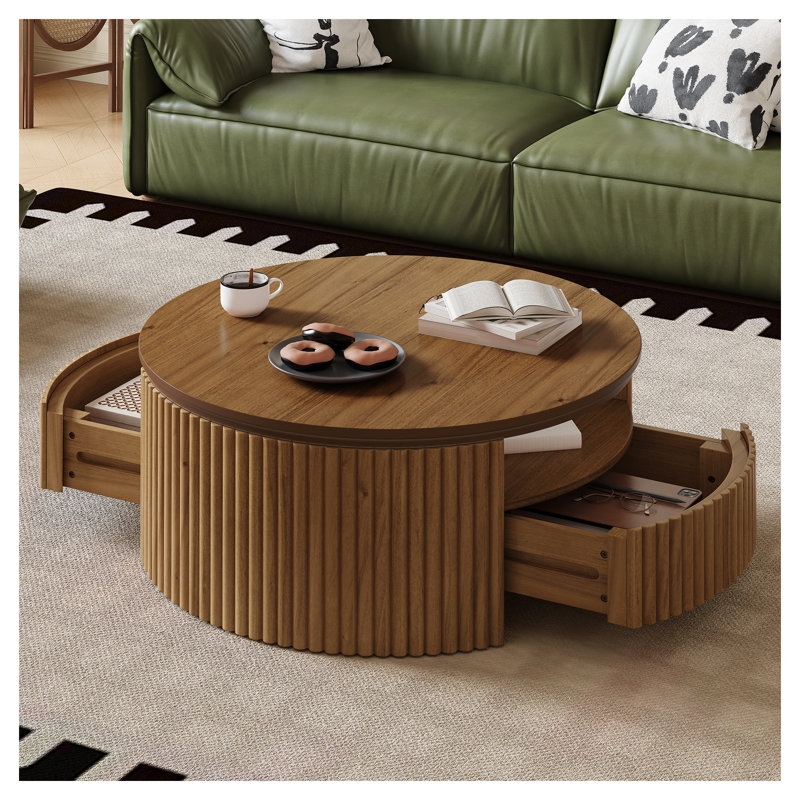 Table basse ronde en bois massif cannelé noyer avec tiroirs de rangement dissimulés, table basse tambour de style moderne du milieu du siècle