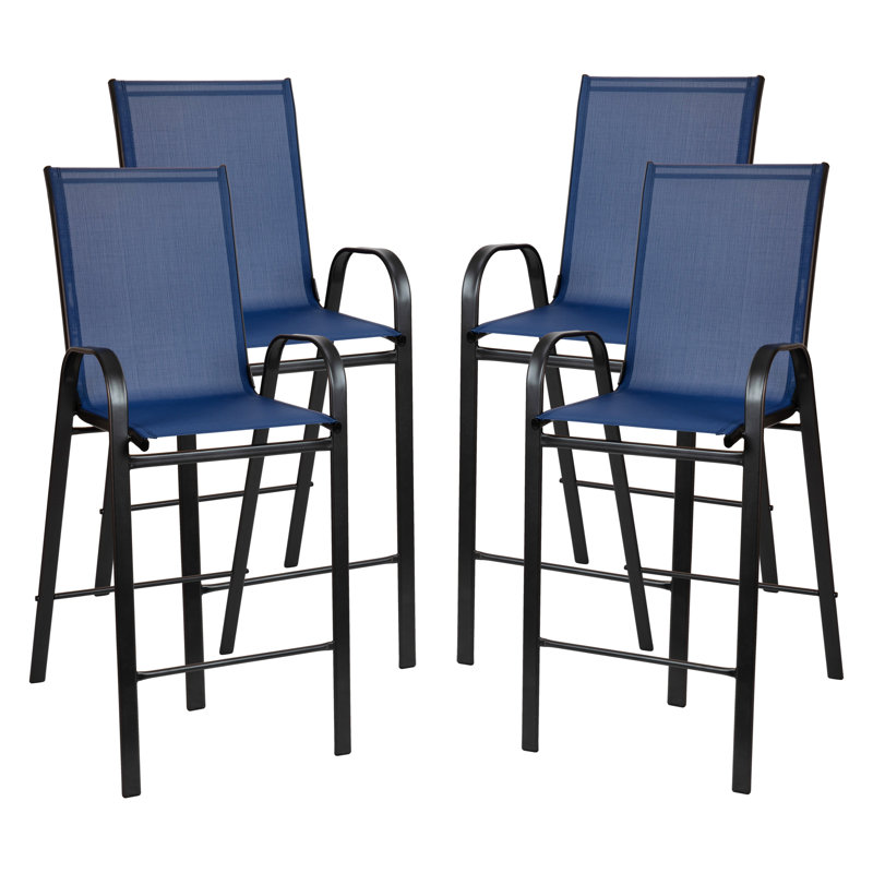 Navy Flex Comfort Sling Outdoor Patio Barstools with Metal Frame, Set of 4