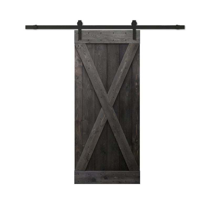 Porte de grange à panneaux et en bois avec quincaillerie d'installation, 26 po x 84 po, Noir anthracite, Noir mat