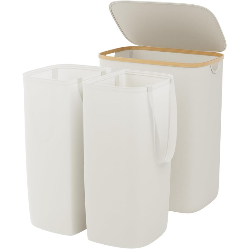 Double Laundry Hamper With Lid 150L Large Laundry Basket With Bamboo Handles Foldable Clothes Hampers With 2 Removable Liner Bags For Laundry For Bedroom Bathroom Dorm Laundry Room (Beige)