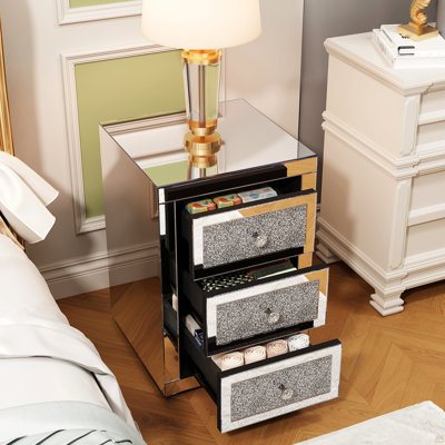 3-Drawer Mirrored Nightstand Bedside Table Glass Accent End Table Silver