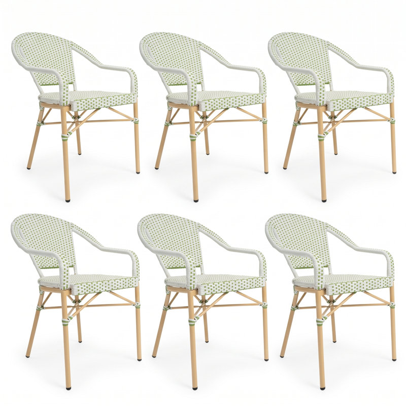 Chaises de salle à manger de patio Altesa de style bistro français, chaises de salle à manger d'extérieur en résine tressée PE résistante aux intempéries avec accoudoirs (ensemble de 6)