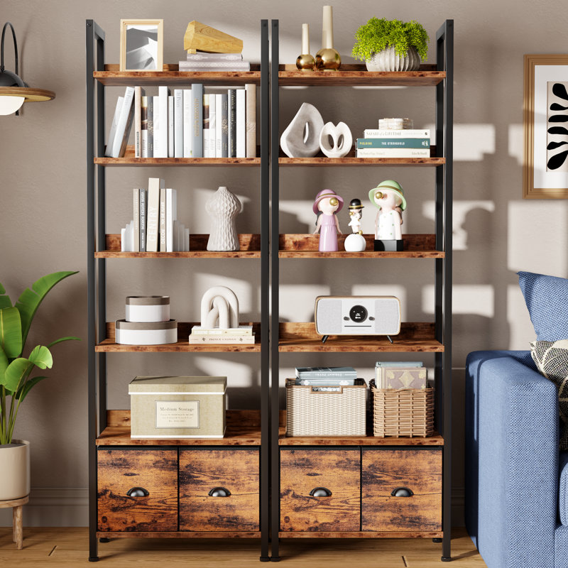 Bookshelf with Drawers,Bookcase with Shelves, Modern Wood and Metal Bookshelves Storage Organizer, Display Free Standing Shelf Unit for Bedroom, Living Room, Office