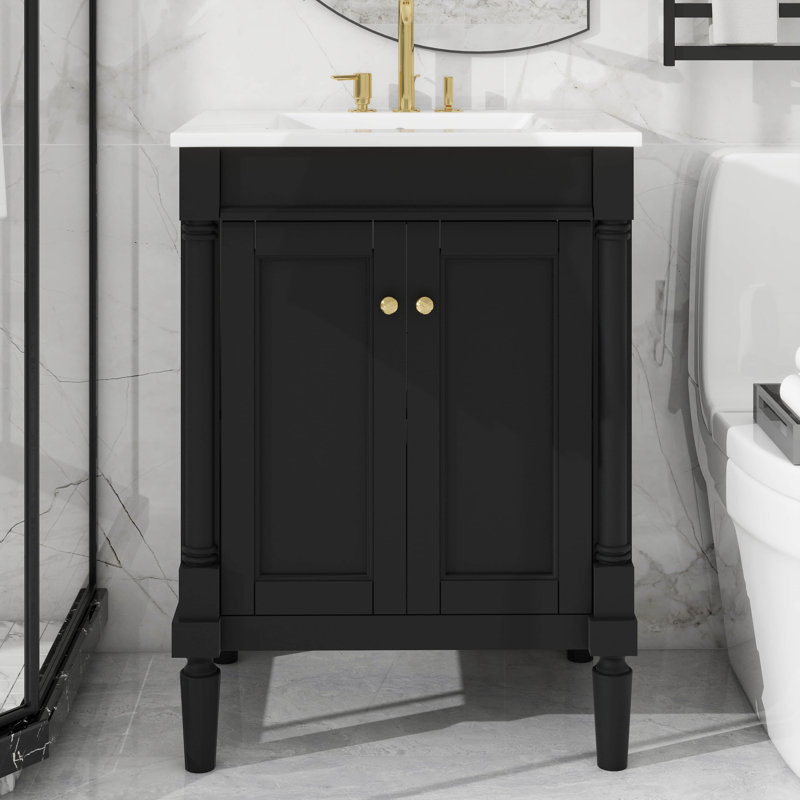 Meuble-lavabo de 24 po avec lavabo supérieur en céramique, grande armoire de rangement moderne à 2 niveaux, portes à fermeture douce, panneau de fibres à densité moyenne durable et structure en bois massif