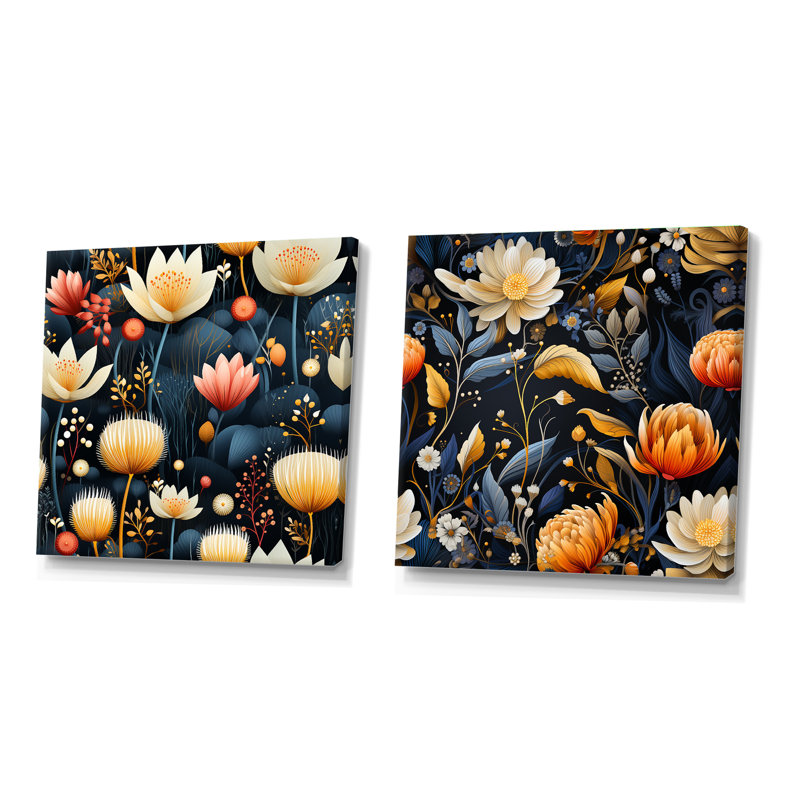 «Blue Multicolor Garden Blooms Floral», ensemble de 2 collages carrés, H 16 po x l 33 po, Toile tendue