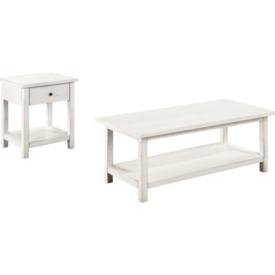 White Distressed Table , Coffee With Shelf And End Drawer, Pine Wood, For Primary Living Spaces Solid Engineered Rectangular Tables, Shelves Storage,