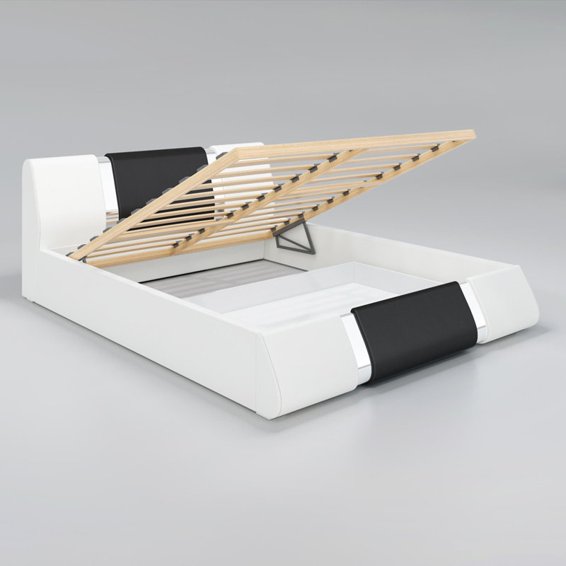 Lit plateforme tapissier avec rangement Baran, Grand, Blanc / noir