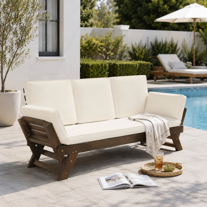 Lit de jour d'extérieur réglable en bois d'acacia avec coussins, canapé de patio extensible, Beige, Brown Wood