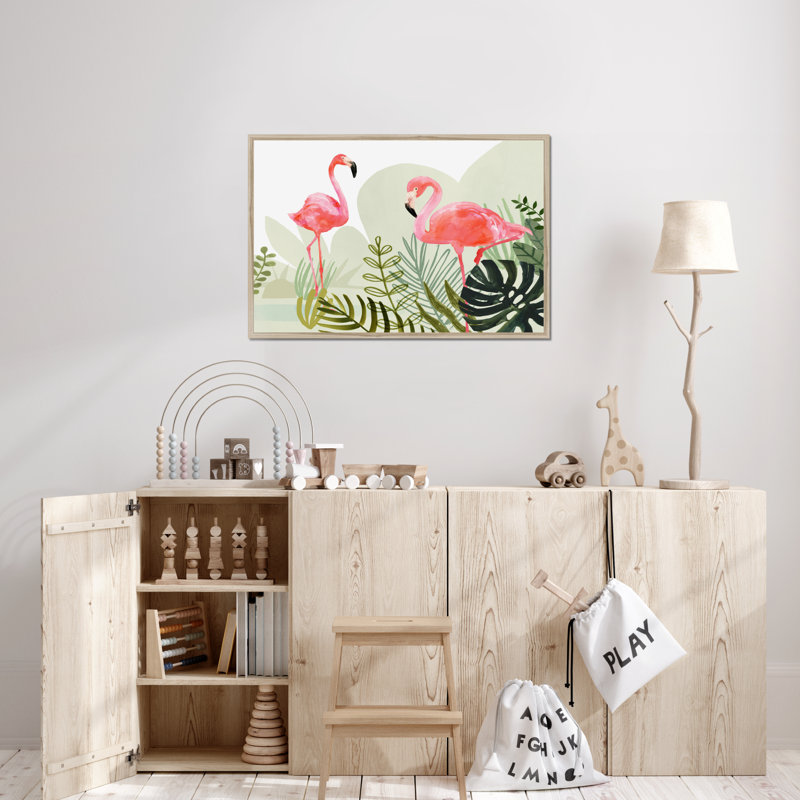 Flamingo Forest Collection A by Victoria Borges - Painting, 65cm H x 95cm W, Natural Wood Framed Paper Print