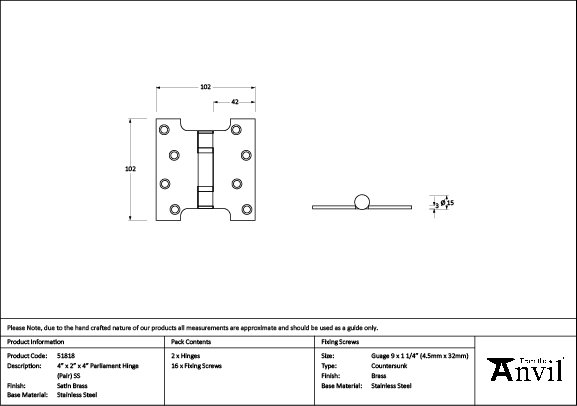 10.2cm H x 102cm W Butt Bearing Pair Door Hinges