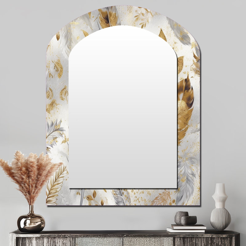 Gold And Silver Impressions Of Bohemian Energy - Boho Feather Arch Mirror, Gold Asymmetrical Decorative Wall Mirror, Printed Metal Art