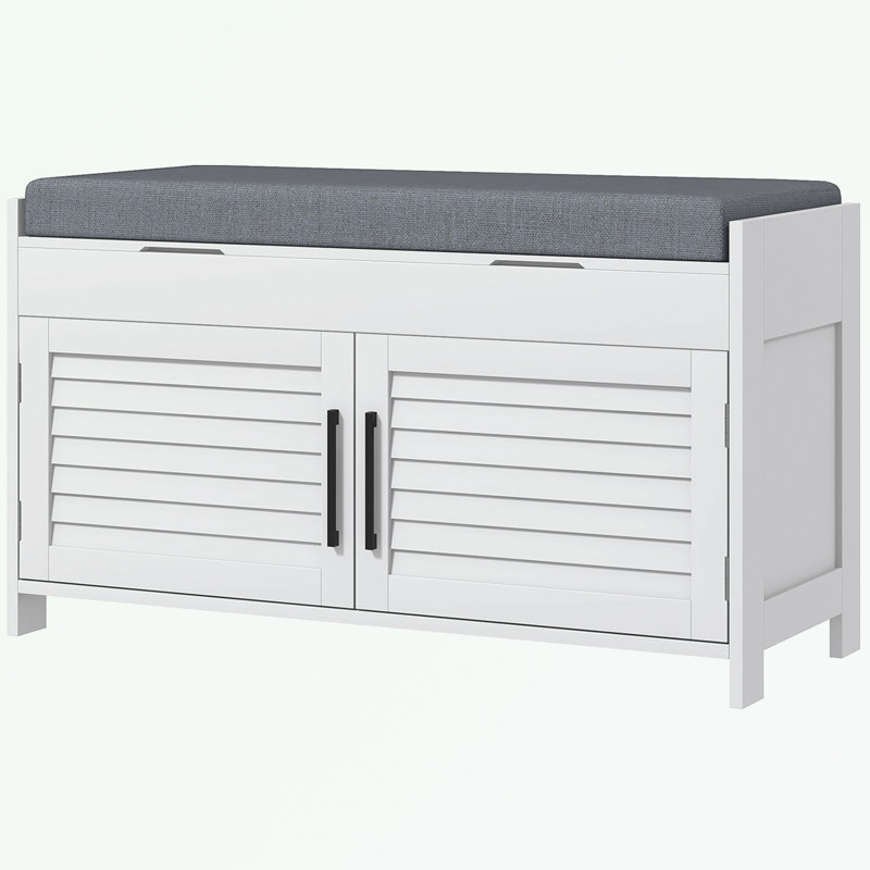 White Entryway Shoe Storage Bench with Gray Cushion and Shutter Doors