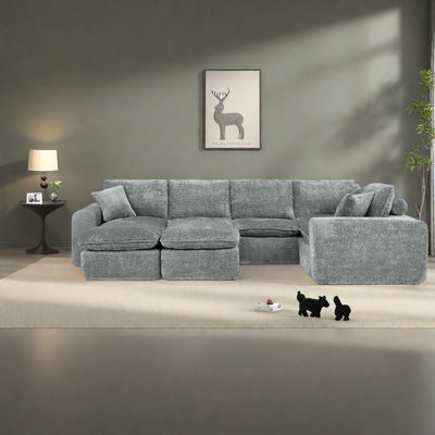 Canapé modulaire confortable en forme de L, gris, style moderne pour le salon