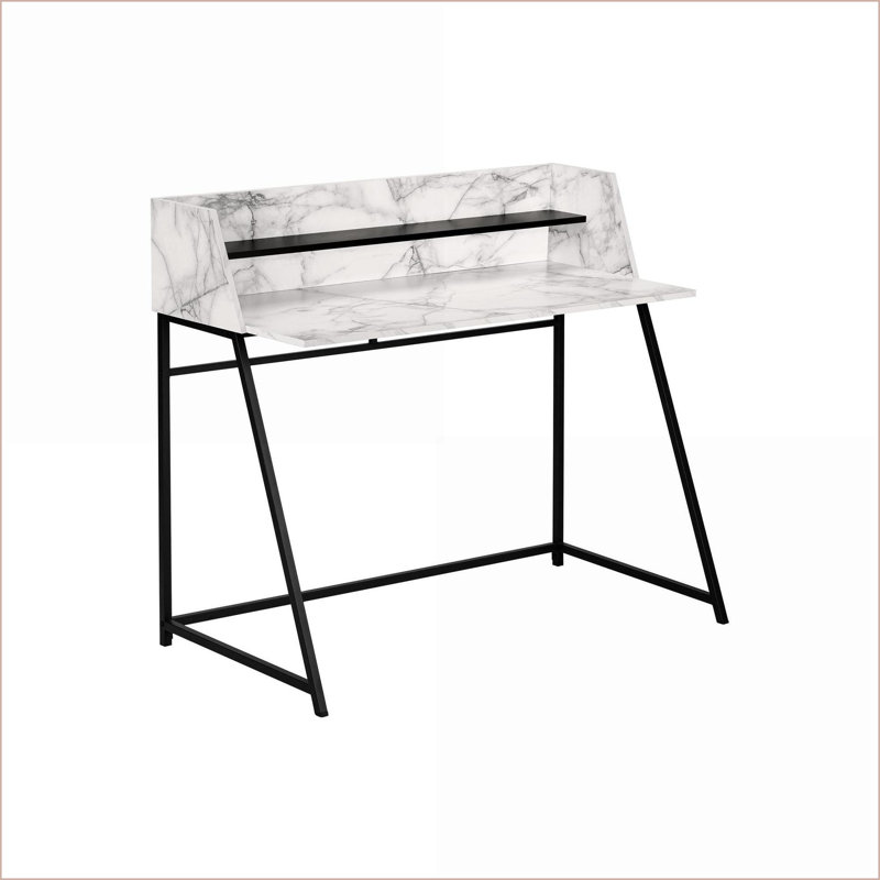 Bureau d'ordinateur 48 po avec huche de rangement | Stratifié aspect marbre blanc | Métal noir | Blanc | Panneau de particules