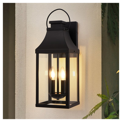 20" Modern Black Outdoor Wall Light Fixture - 2-Light Exterior Porch Lantern Sconce with Clear Glass for Front Door, Garage & Entryway